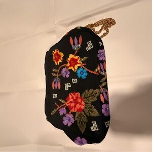Floral Embroidered Black Clutch